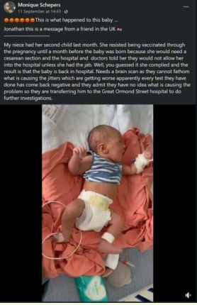 Die Mutter dieses Babys wurde einen Monat vor der Geburt geimpft. Sie ließ sich impfen, weil die Klinik eine Impfung verlangte. Es war ein Kaiserschnitt geplant. Das Baby leidet schwer an Zuckungen, die seinen ganzen Körper erfassen. Es gibt ein Video von diesem Baby.
